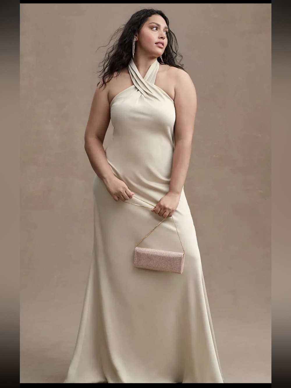 BHLDN Ruby Twist Halter Satin Formal Gown Neutral Champagne Plus Size 24W NWT
